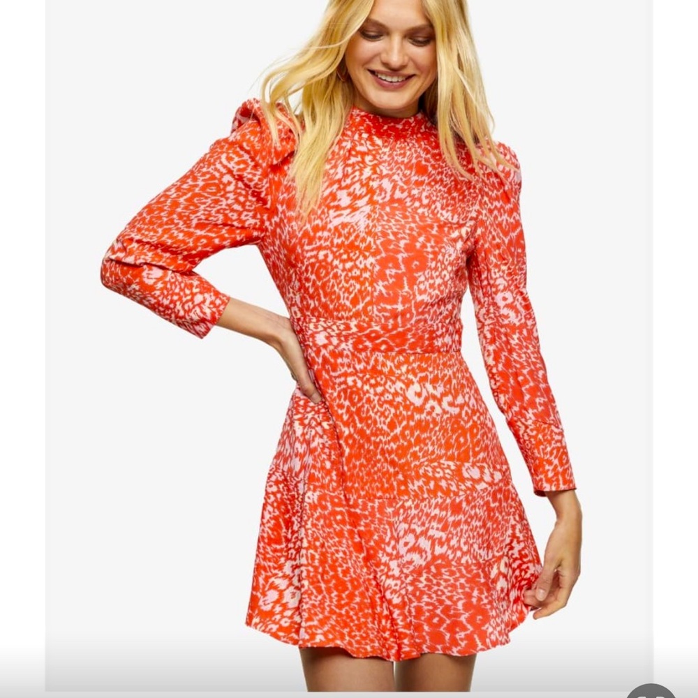 Topshop high neck sleeve mini dress size 8. Orange/pink